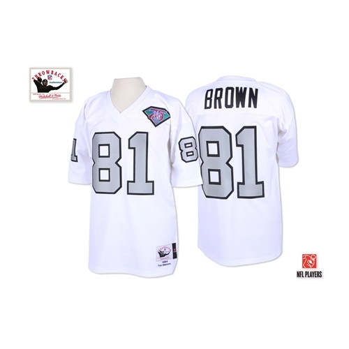 Mitchell And Ness Oakland Raiders 81 Tim Brown 1994 White Silver No. with 75TH Patch Authentic NFL Jersey